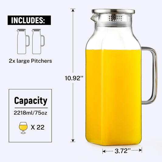 2 Pack 2.2Liters/75 oz Square Glass Pitcher with Lid and Handle for Fridge