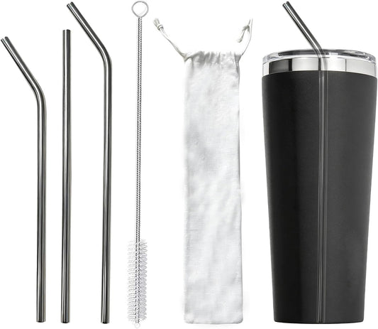 Replacement Straws Compatible with Corkcicle 24oz Cold Cup, 8mm x 265mm Bent, Food‑Grade 304 Stainless Steel, Set of 3 Straws with Cleaning Brush & Storage Pouch