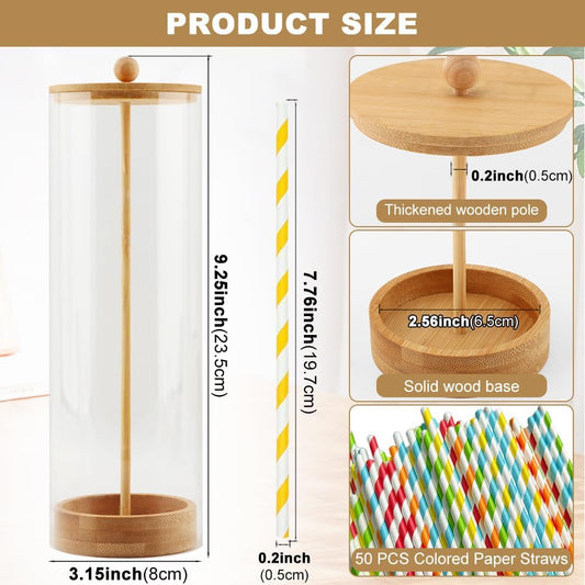 Clear Straw Holder Dispenser for Counter, Drinking Straw Organizer Container with Bamboo Lid Transparent Straws Storage Holder, Include 100 Straws(COLOR:Colorful Straws)