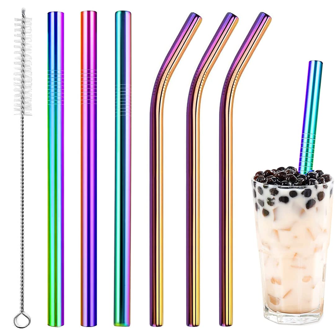 Vinaco 6 Pcs 0.5" Wide Bore Reusable Stainless Steel Metal Smoothie Straws