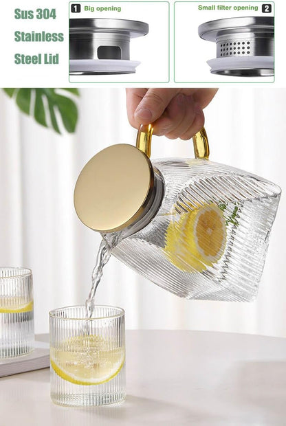 Water Pitcher Glass for Fridge, for 1.8L/63oz Fridge Door with Stainless Steel Lid, High Borosilicate Glass Carafe Pitcher for Hot or Cold Homemade Drinks
