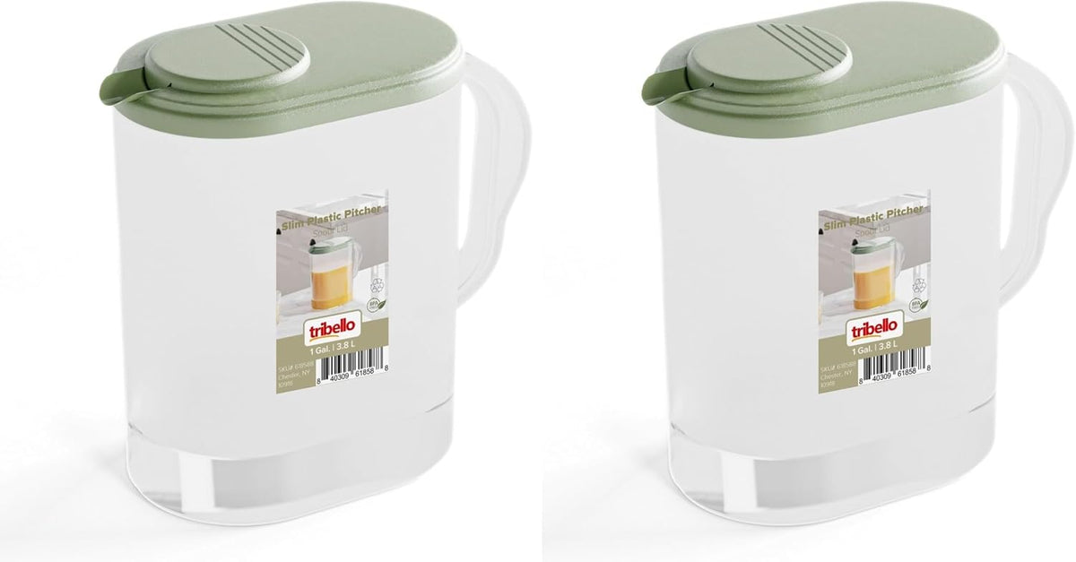Tribello 1-Gallon Slim Plastic Pitcher with Lid – Clear Water Jug with Pivot-Top Spout, Iced Tea Pitcher for Fridge, Dishwasher/Freezer Safe, BPA & Phthalate Free – Sage Green