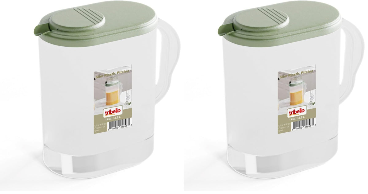 Tribello 1-Gallon Slim Plastic Pitcher with Lid – Clear Water Jug with Pivot-Top Spout, Iced Tea Pitcher for Fridge, Dishwasher/Freezer Safe, BPA & Phthalate Free – Sage Green