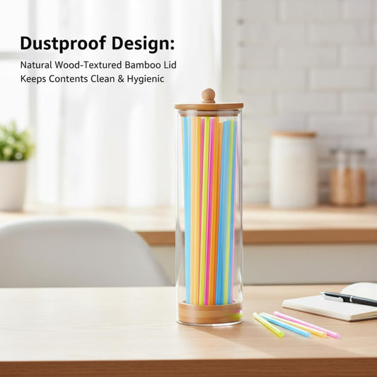 Straw Dispenser, Straw Dispenser With Bamboo Lid, Clear Acrylic Holder, Versatile Storage Container For Straws, Utensils, Makeup Brushes (25x8cm)..