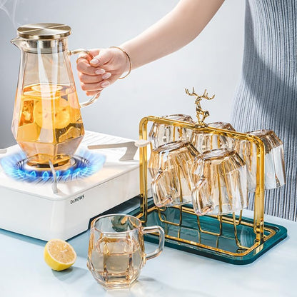 1.7 Liter/58oz Glass Pitcher with Lid Water Carafe Jug with Spout Handle for Hot/Cold Water Tea Beverage (Gold 1-Glass Pitcher)