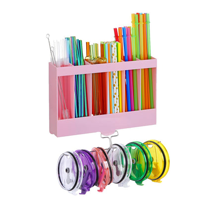 10''Acrylic Straw Holder for Cabinet Door with Tumbler Straw Organizer,Large Straw Storage with Washable Sticky Reusable Cup Lid Holder,Water Bottle Accessories Organizer for Kitchen(Clear)