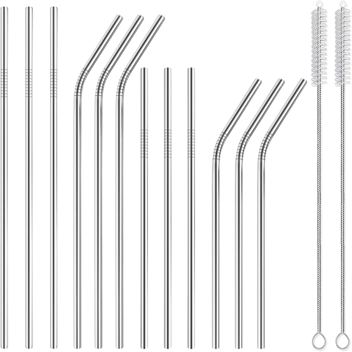 12-Pack ReusableStainless Steel Straws - Reusable, BPA Free Metal Straw - Suitable for 30 oz and 20 oz Cups, 6 Straight and 6 Curved Straw Sets, Including 2 cleaning brushes