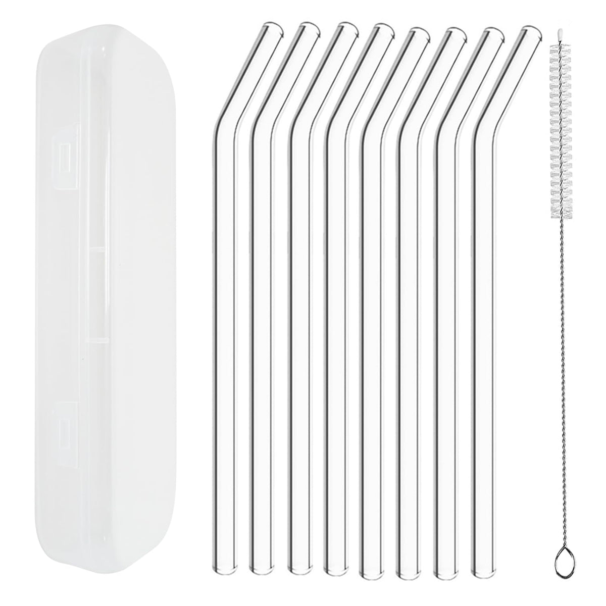 YOGURTCK 2pcs Reusable Clear Bent Glass Drinking Straws, 7.88" x 8MM, with Storage Box and 1 Cleaning Brushes, Perfect for Smoothies, Milkshake, Frozen Drinks, Tea, Juice, Coffee