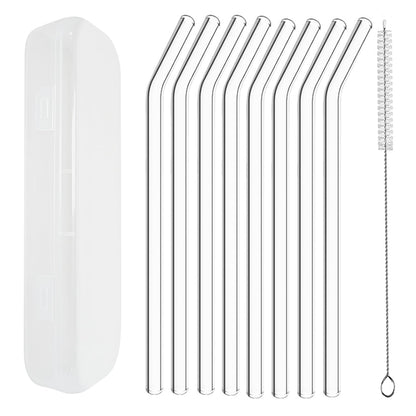 YOGURTCK 2pcs Reusable Clear Bent Glass Drinking Straws, 7.88" x 8MM, with Storage Box and 1 Cleaning Brushes, Perfect for Smoothies, Milkshake, Frozen Drinks, Tea, Juice, Coffee