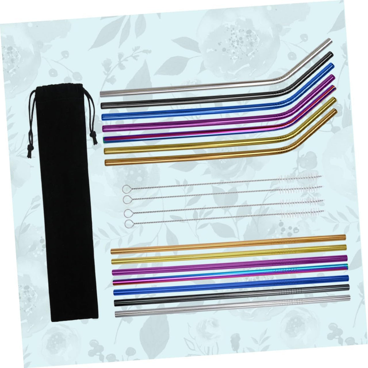 19Pcs Stainless Steel Drinking Straws Set Curved Straight with Brush