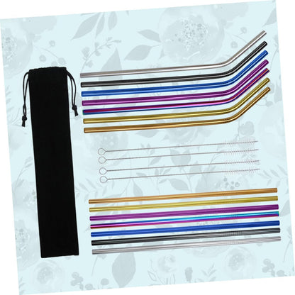 19Pcs Stainless Steel Drinking Straws Set Curved Straight with Brush