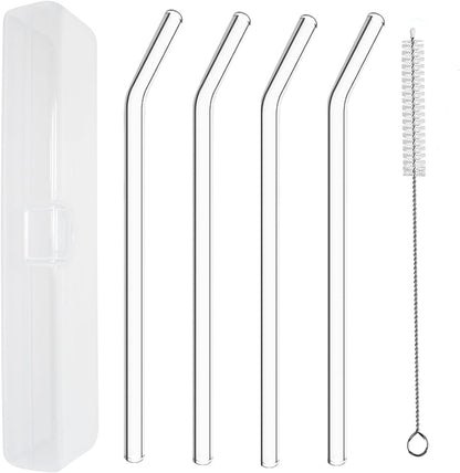 YOGURTCK 2pcs Reusable Clear Bent Glass Drinking Straws, 7.88" x 8MM, with Storage Box and 1 Cleaning Brushes, Perfect for Smoothies, Milkshake, Frozen Drinks, Tea, Juice, Coffee