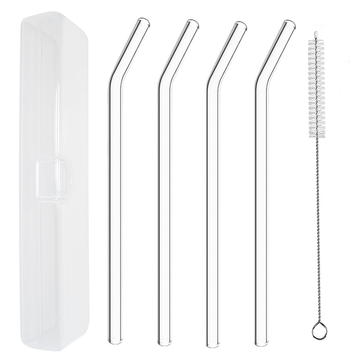 YOGURTCK 2pcs Reusable Clear Bent Glass Drinking Straws, 7.88" x 8MM, with Storage Box and 1 Cleaning Brushes, Perfect for Smoothies, Milkshake, Frozen Drinks, Tea, Juice, Coffee