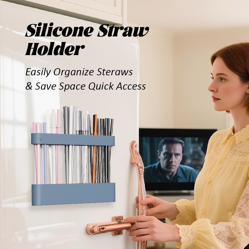 Silicone Straw Holder with 6 Slots for Cabinet Fridge Cupboard Door (Blue)