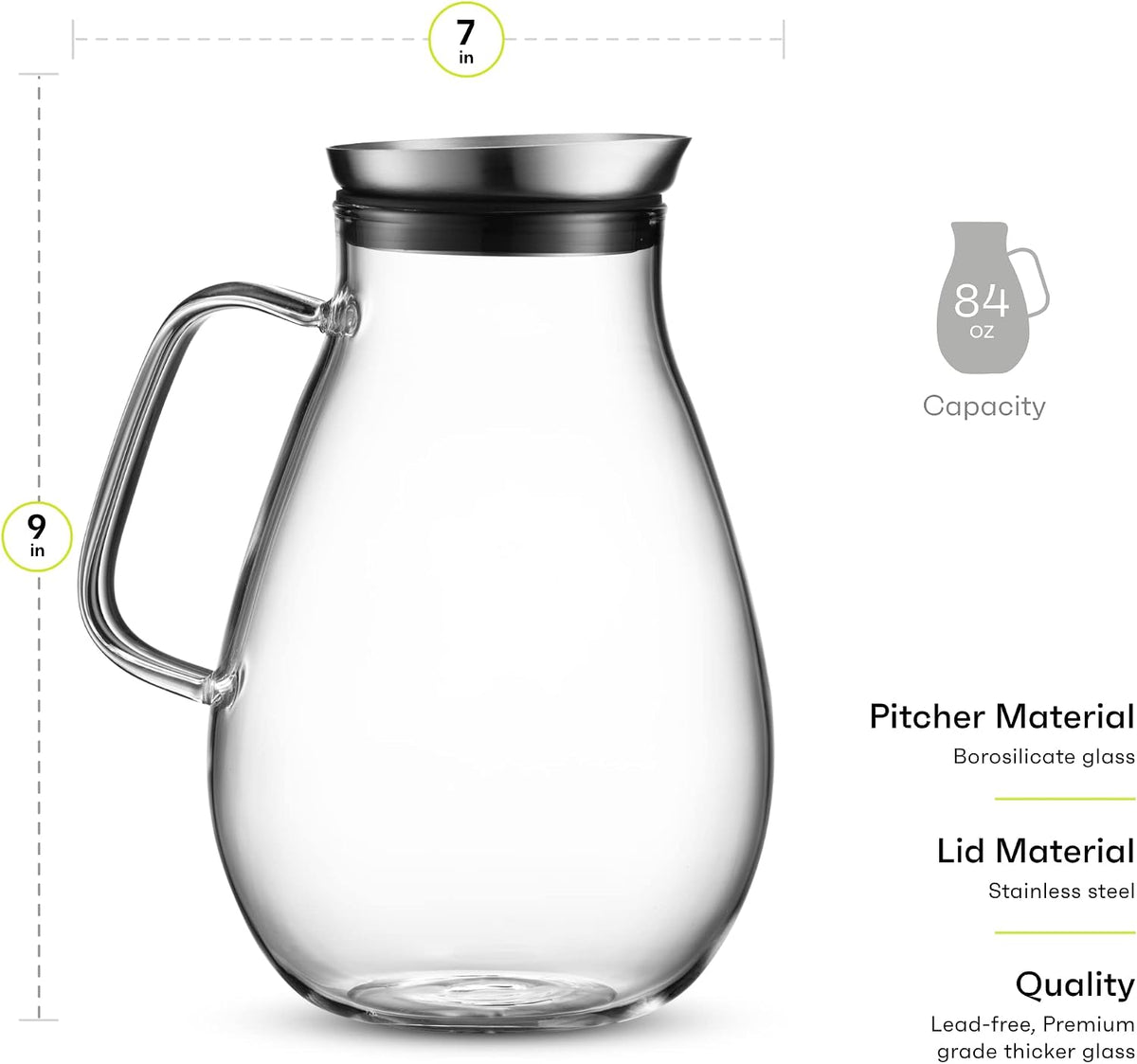 84- OZ Glass Pitcher With Stainless Steel Lid | Beautiful Lightweight Beverage Jug Carafe With A Wide Handle | Great For Cold & Hot Drinks Like Tea, Lemonade, Juice, Water, Coffee, Cold Brew