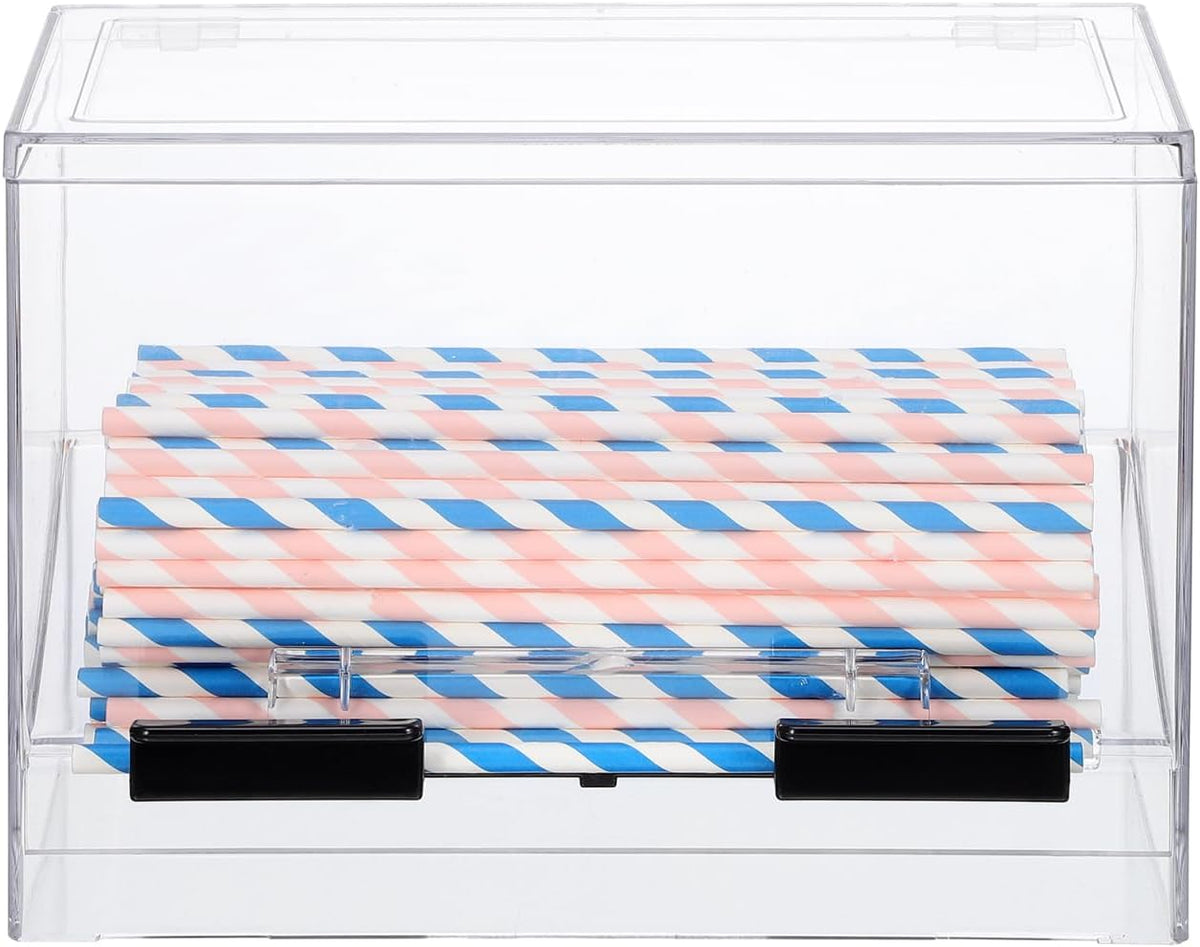 Cabilock Clear Acrylic Straw Dispenser Box 9X6.7X4.3 Inches Press Type Straw Organizer for Countertop Use in Restaurants Cafes and Snack Bars with Non-Slip Base
