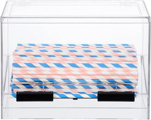 Cabilock Clear Acrylic Straw Dispenser Box 9X6.7X4.3 Inches Press Type Straw Organizer for Countertop Use in Restaurants Cafes and Snack Bars with Non-Slip Base
