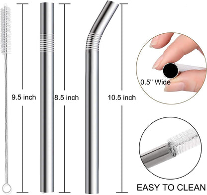 Vinaco 6 Pcs 0.5" Wide Bore Reusable Stainless Steel Metal Smoothie Straws