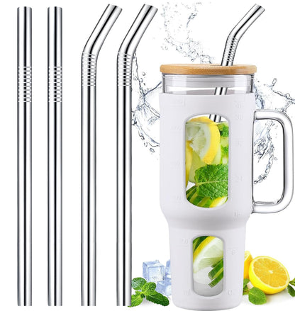 Vinaco 4 Pcs 0.35" Wide Bore Reusable Stainless Steel Metal Smoothie Straws