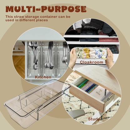 Expandable Straw Organizer Drawer Holder for Cabinet，Deep Drawer Organizer Kitchen Cabinet Organizer detachable compartments Fits for Stanley Long Straw(Transparent