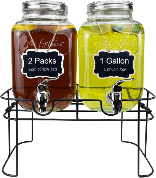 1 Gallon Glass Drink Dispenser for Parties, 2 Packs Juice Lemonade Ice Tea Water Dispenser with Stand, HENABLE Beverage Dispensers with Spigot for BBQ, Picnic, Party