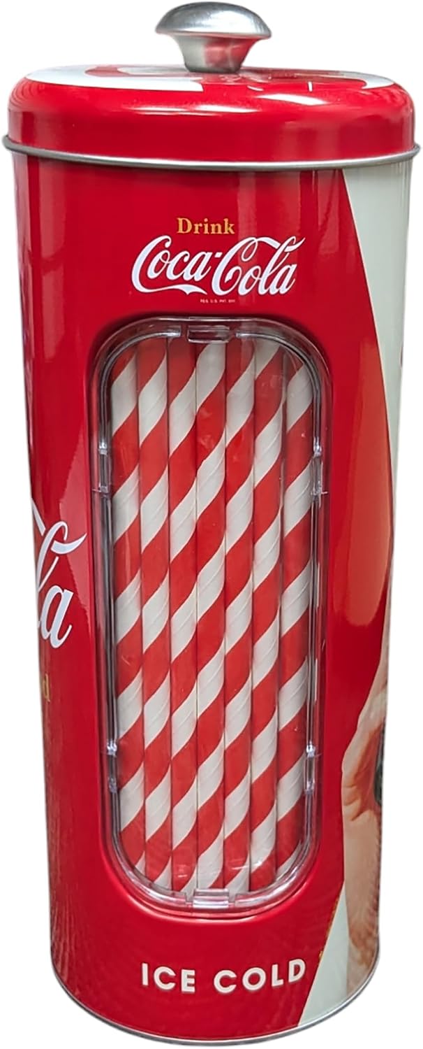 The Tin Box Company Coke Straw Holder Tin with 20 Paper Straws Inside, 3-3/8 x 8-1/4"H, Red and White (771527-12) - Good for 8" Straws or less