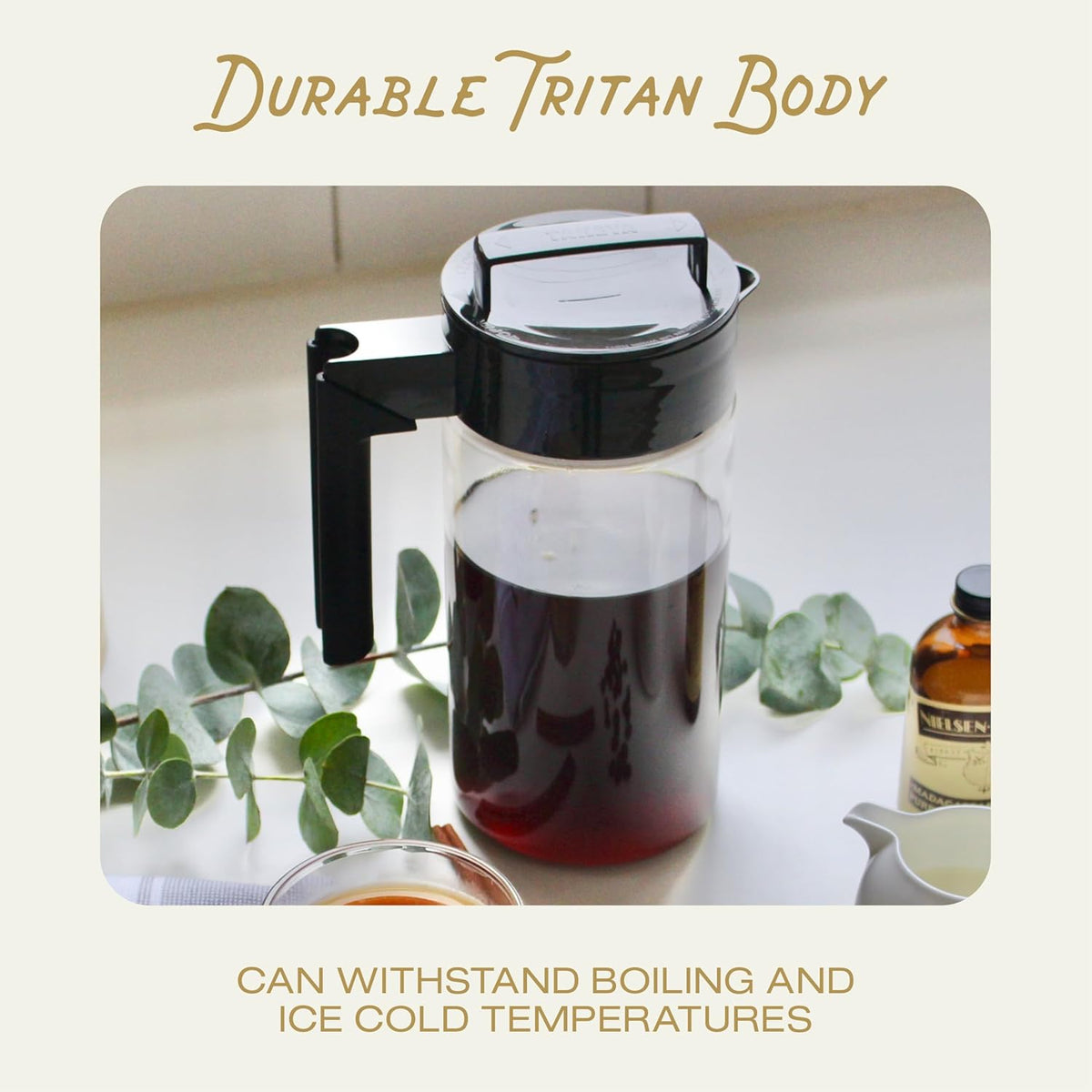 Takeya Deluxe Cold Brew Coffee Maker - BPA-Free Tritan Pitcher with Airtight Leakproof Lid, Silicone Grip Handle, Fine-Mesh Filter - Shatter-Proof, Dishwasher Safe, Made in USA - 2 Quart/Black