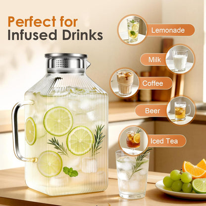 1 Gallon Thickened Square Glass Pitcher with Lid, Spout and Handle