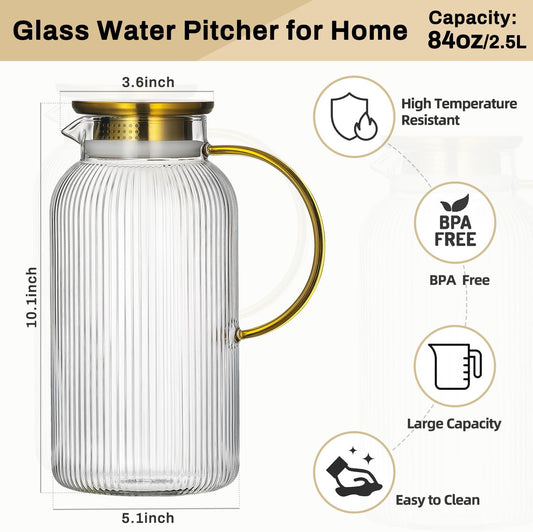 Buaic 2 PACK Glass Pitcher with Lid, 84 oz/ 2.5 Liter Glass Water Carafe