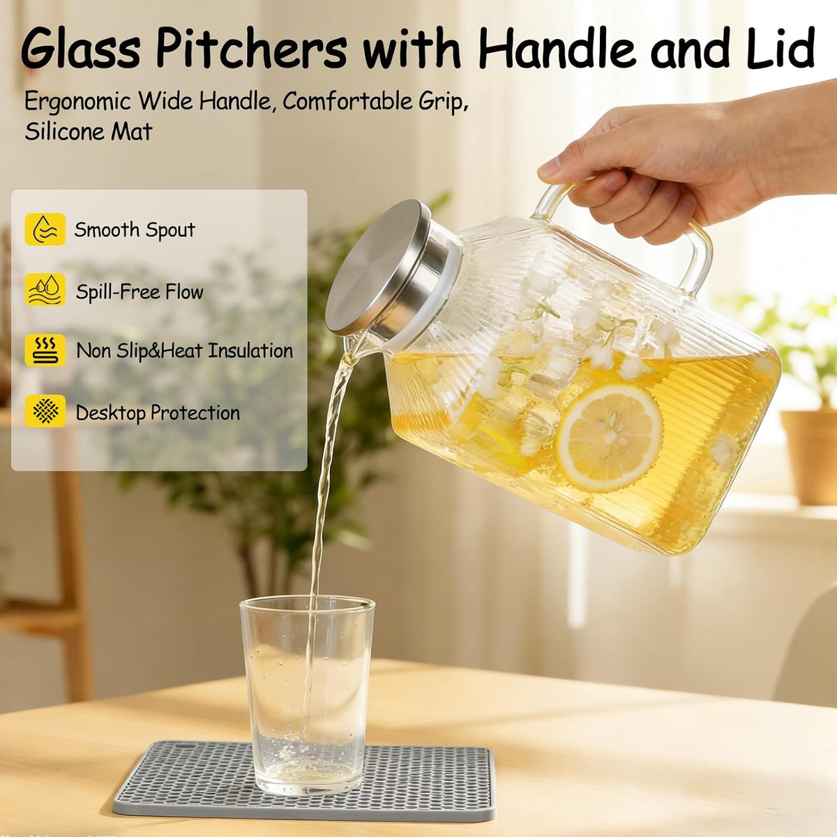 1 Gallon Glass Pitcher with Lid, Square Borosilicate Glass Carafe