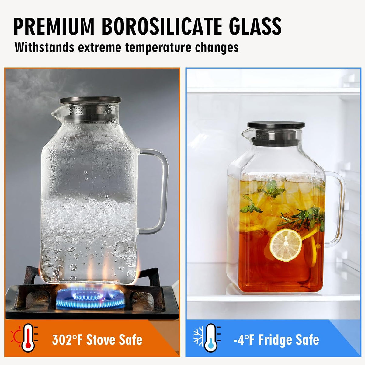 1 Gallon Square Glass Pitcher with Lid and Spout, Borosilicate Glass Carafe for Hot/Cold Drink, Water Pitchers with Handle for Fridge, Extra Large Jug for Iced Tea, Coffee, Juice, Beverage, Black
