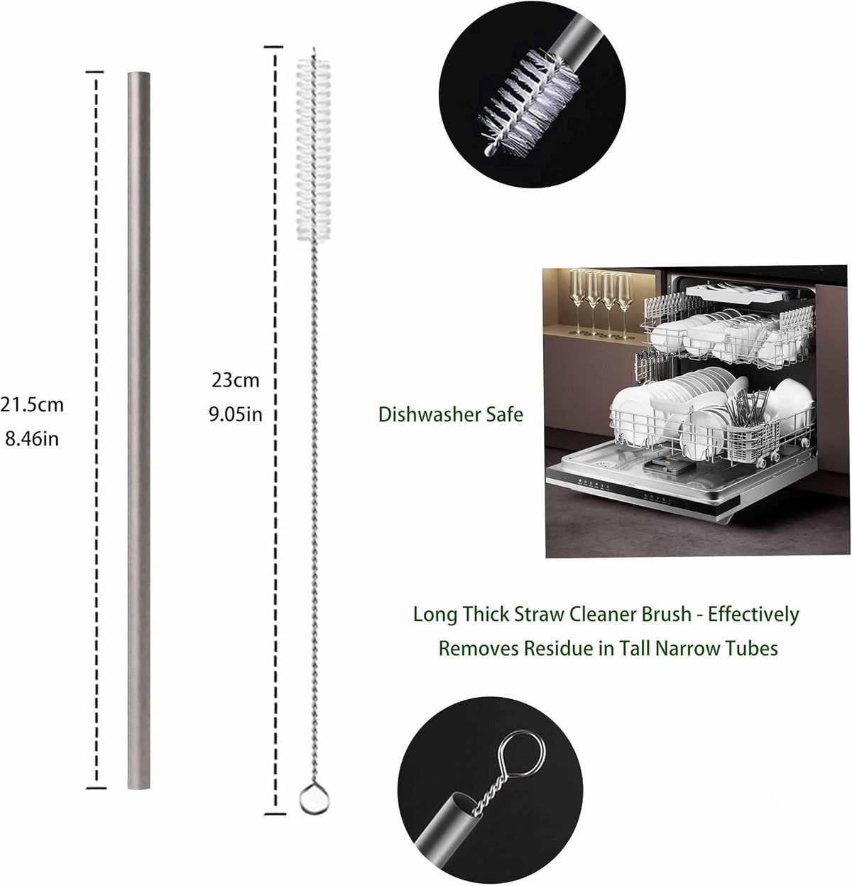 0.24'' Grade 2 ASTM F67 Pure Titanium Straws with Cleaning Brush