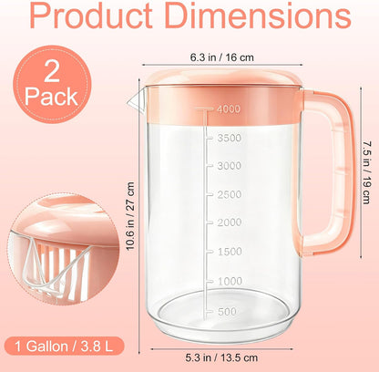Nexboraque 2 Pack 1 Gallon Plastic Straining Pitcher with Lid - Large Water Pitcher with Handle and Measurements for Cold Drinks and Iced Tea - Pink, Yellow