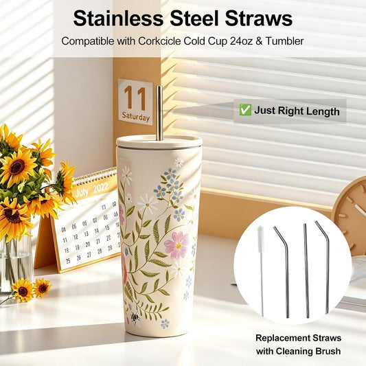 Replacement Straws Compatible with Corkcicle 24oz Cold Cup, 8mm x 265mm Bent, Food‑Grade 304 Stainless Steel, Set of 3 Straws with Cleaning Brush & Storage Pouch