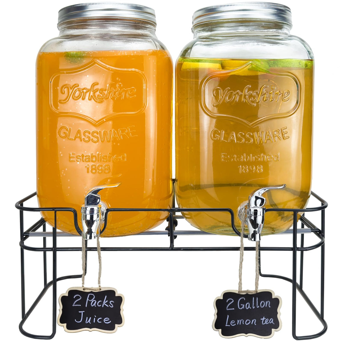 1 Gallon Glass Drink Dispenser for Parties, 2 Packs Juice Lemonade Ice Tea Water Dispenser with Stand, HENABLE Beverage Dispensers with Spigot for BBQ, Picnic, Party