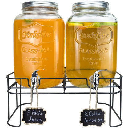 1 Gallon Glass Drink Dispenser for Parties, 2 Packs Juice Lemonade Ice Tea Water Dispenser with Stand, HENABLE Beverage Dispensers with Spigot for BBQ, Picnic, Party