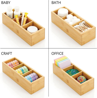 mDesign Slim Bamboo Wood Compact Food Storage Organizer Bin - 3 Divided Sections - Holder for Seasoning Packets, Pouches, Soups, Spices, Snacks - Natural