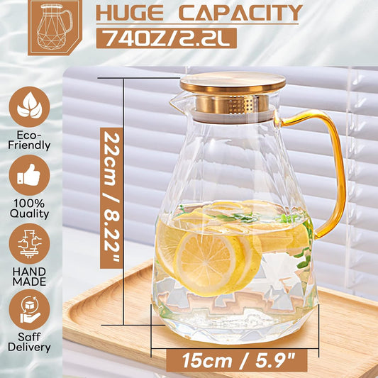 Glass Pitcher, 74.4 oz Water Pitcher With Lid