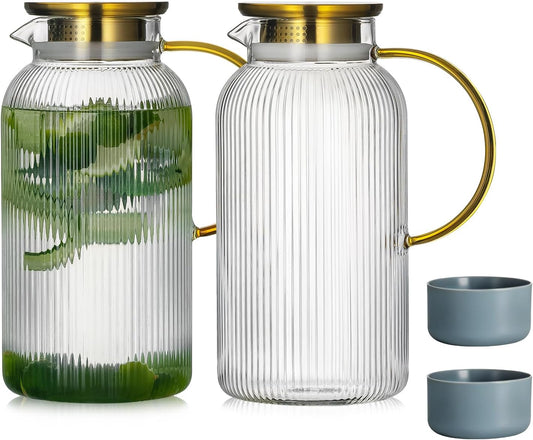Buaic 2 PACK Glass Pitcher with Lid, 68 oz Glass Carafe with Silicone Base