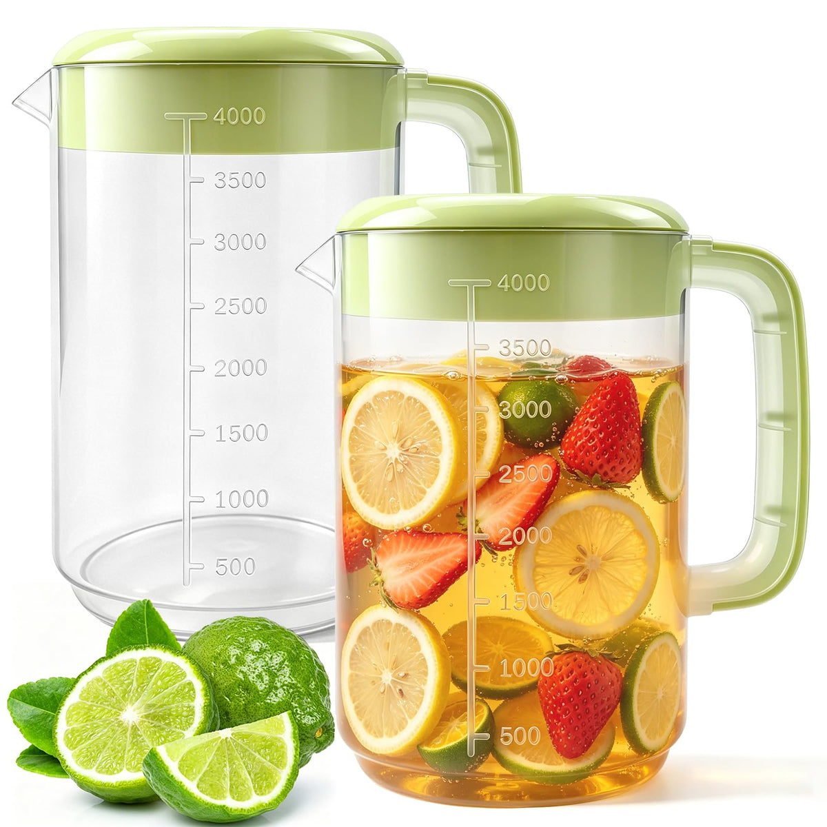 Nexboraque 2 Pack 1 Gallon Plastic Straining Pitcher with Lid - Large Water Pitcher with Handle and Measurements for Cold Drinks and Iced Tea - Pink, Yellow