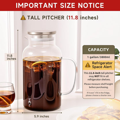 1 Gallon/3.8L Glass Pitcher with Lid and Spout, Borosilicate Glass