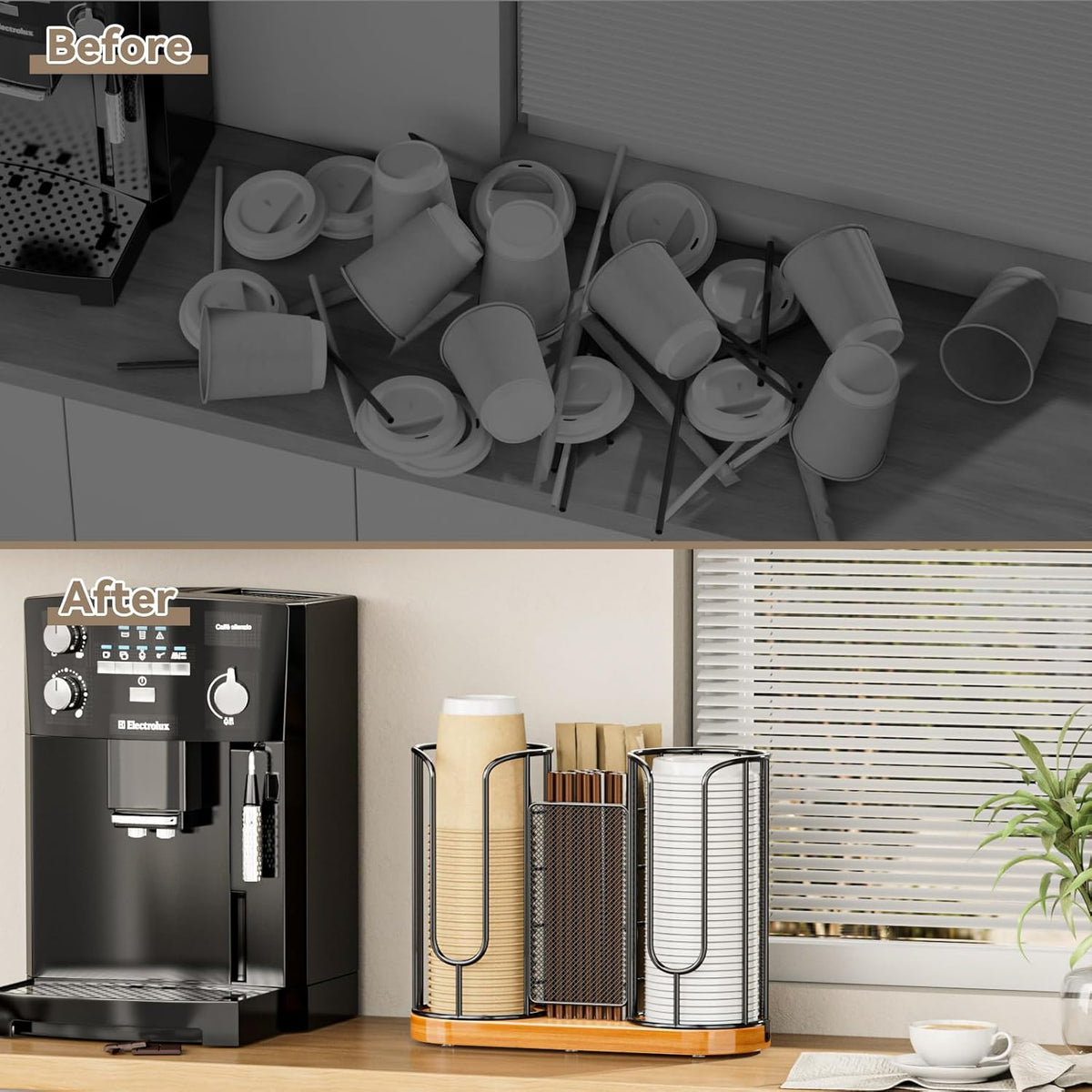 Coffee Cup and Lids Holder - 8oz-24oz Disposable Cups Organizer Wooden Base