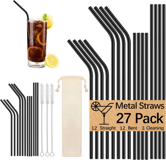 27 Pack of metal straws reusable,12 Straight +12 Bent 8.5 Inch Stainless Steel Straws, 3 Cleaning Brushes Included, Perfectly Compatible with 20oz,30oz Cup Tumblers