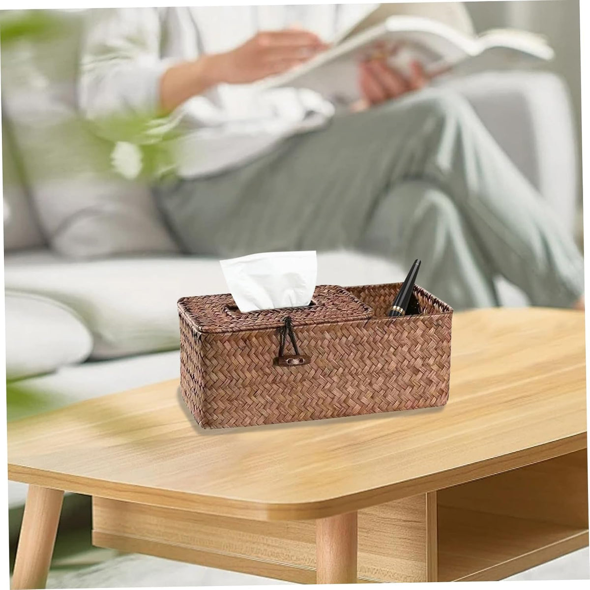 Tissue Box Covers Square Tissue Box Holder, Straw Woven Tissue Box Covers, Rustic Tissue Box with Side Storage Holder, Decorative Facial Tissue Holder for House Office Car Hotel, 24x12x9 Cm