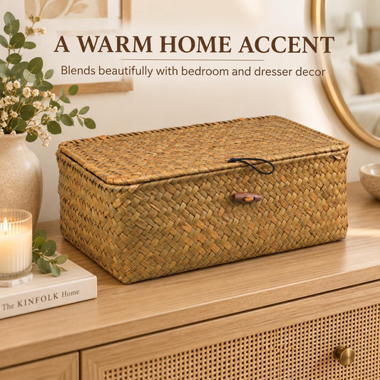 STOBAZA Straw Woven Basket Lid for Storage Medium Rattan Sundries Organizer Box for Bedroom and Home Decor Orange
