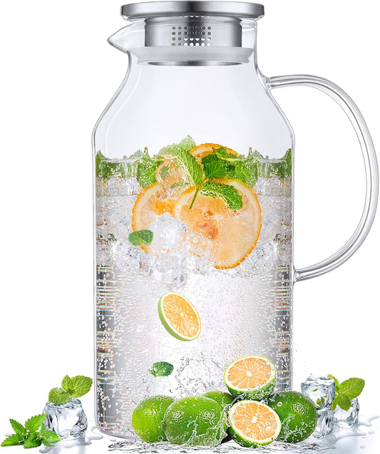 Bivvclaz 2.6 Liter 88 oz Glass Pitcher with Lid and Handle, Glass Water Carafe for Hot/Cold Water, Iced Tea Pitcher, Large Pitcher for Coffee, Juice and Homemade Beverage