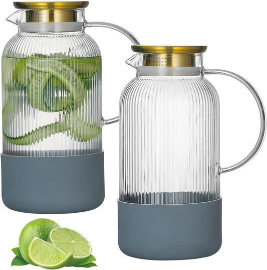 Buaic 2 PACK Glass Pitcher with Silicone Base, 68 oz Water Pitcher with Lid