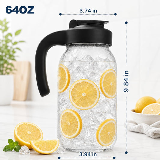 New Updated Glass Pitchers with Lid, Handle lengthened and thickened, Set of 2, 64OZ Leak-Proof Airtight Mason Jars, Wide Mouth Water Jugs for Cold Brew Coffee, Iced tea, Milk, Food Storage