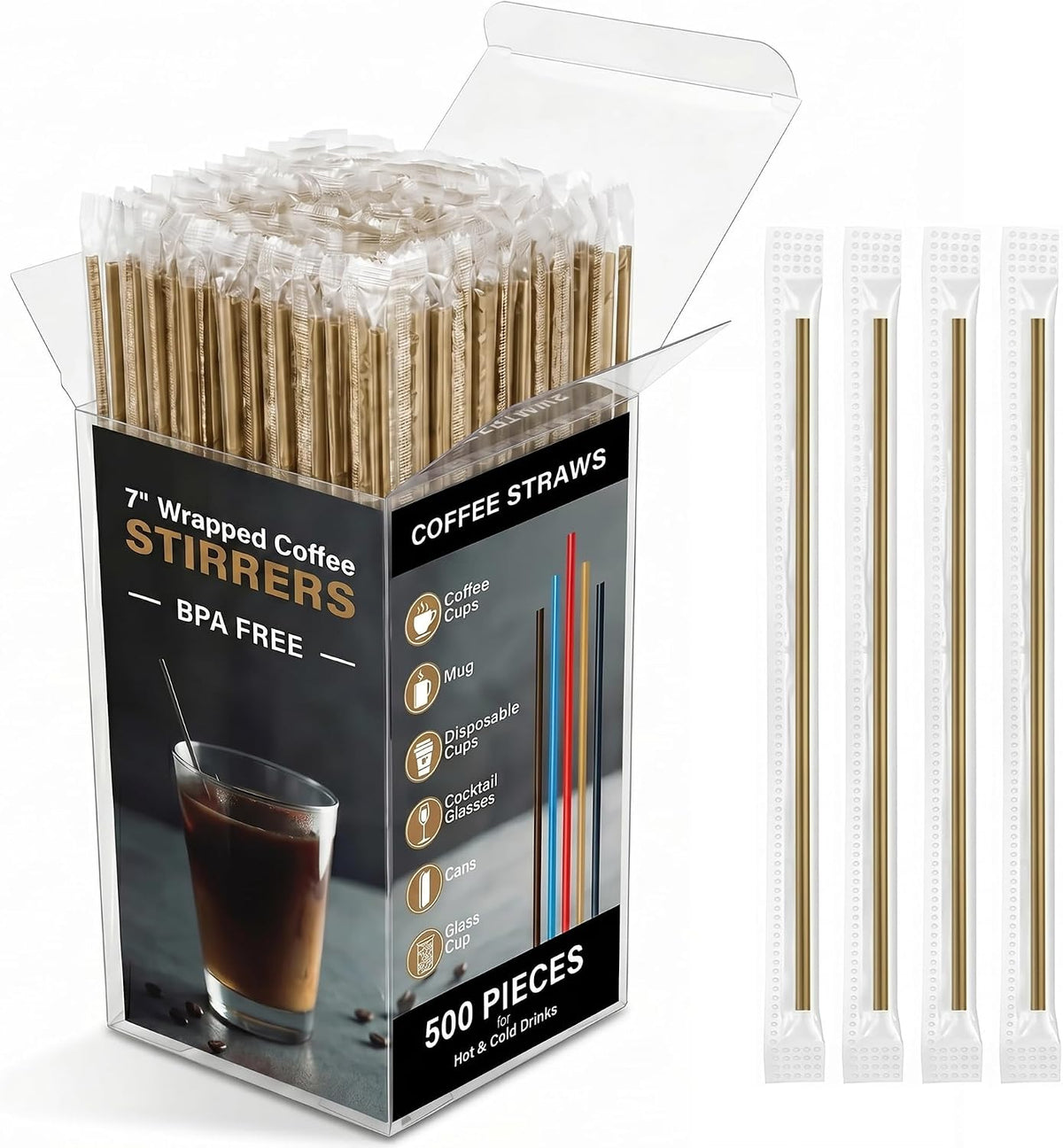500 Pcs Individually Wrapped Coffee Stirrers, Straws (Gold, 7 in)