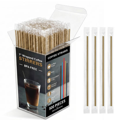 500 Pcs Individually Wrapped Coffee Stirrers, Straws (Gold, 7 in)